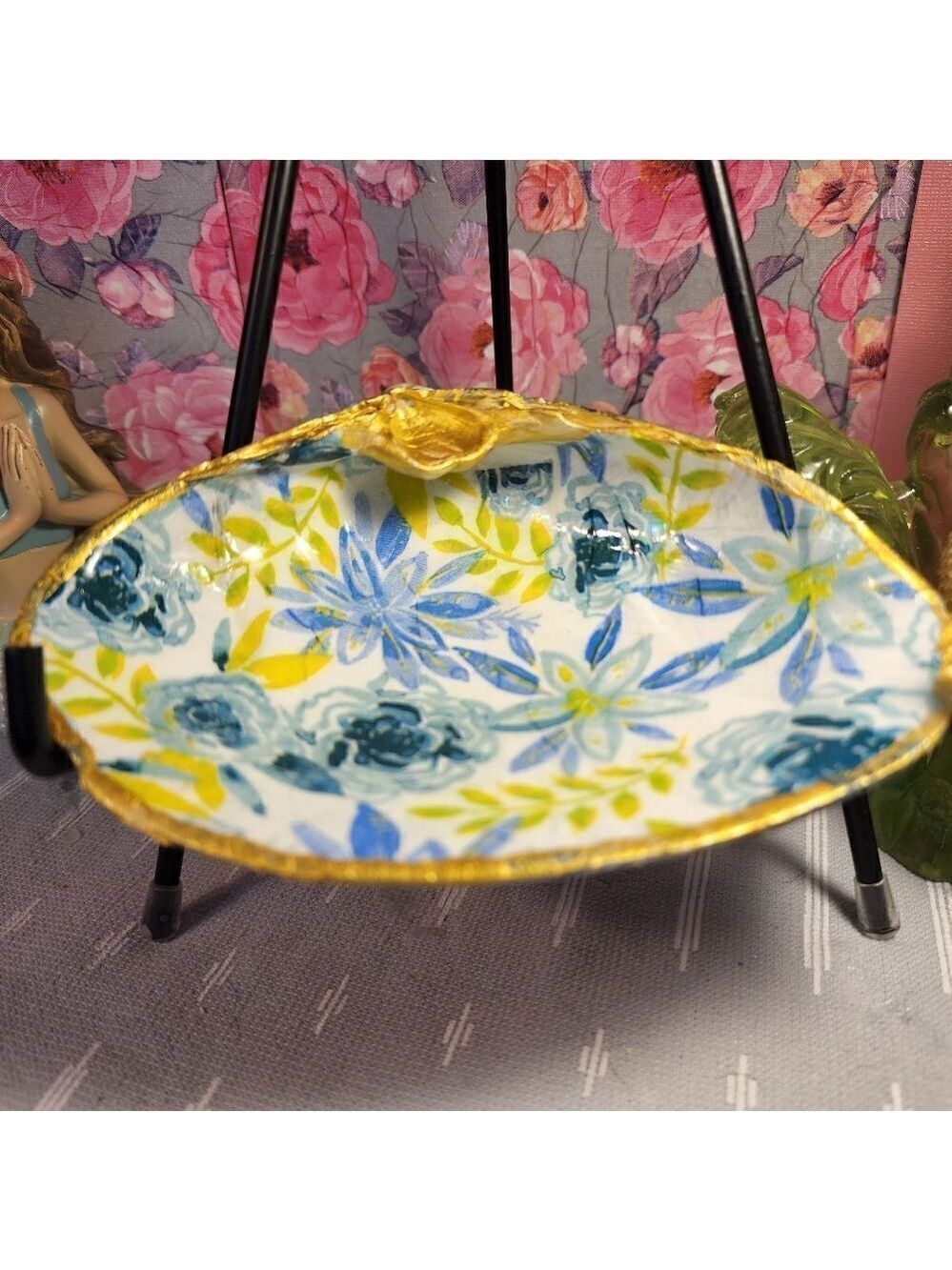 DECOUPAGE CLAM SHELL DECOUPAGE FLOWERS TRINKET DISH